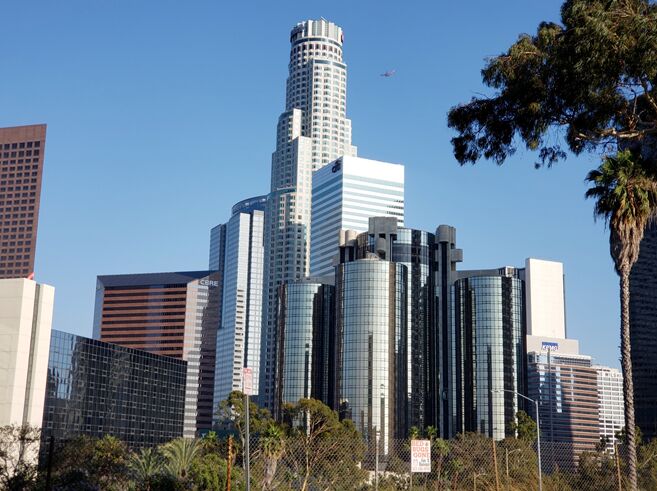 Downtown LA Bonaventure hotel in the foreground relic of postmodernism